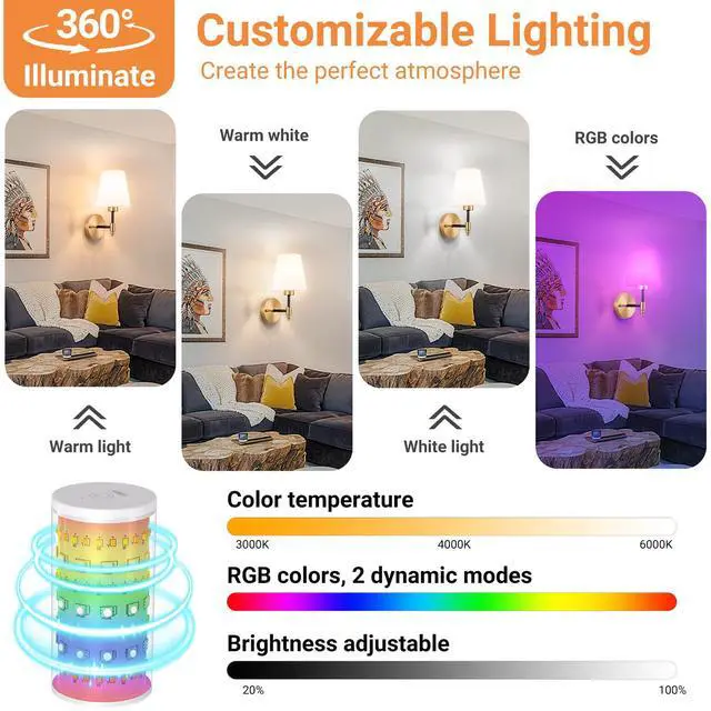 Alt view image 5 of 7 - Peel and Stick Wall Sconces, Stick On Wall Sconce Set of 2, Battery Operated Wireless Adhesive Wall Lights, Corn Bulb with 10000mAh Battery, Easy Install for Bedroom Living Room Wall Decor