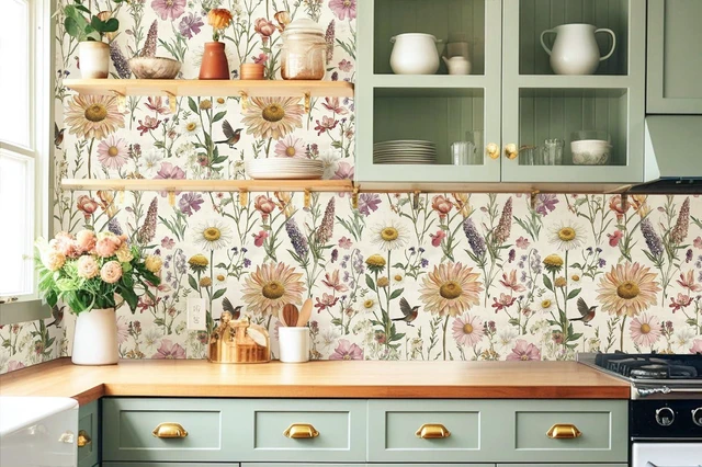 Alt view image 4 of 7 - Floral Peel and Stick Wallpaper for Bathroom 16.9inch x 590.5inch Floral Bird Contact Paper Vintage Flower Wallpaper Peel and Stick Self Adhesive Waterproof Flower Decorative Wall Paper Vinyl