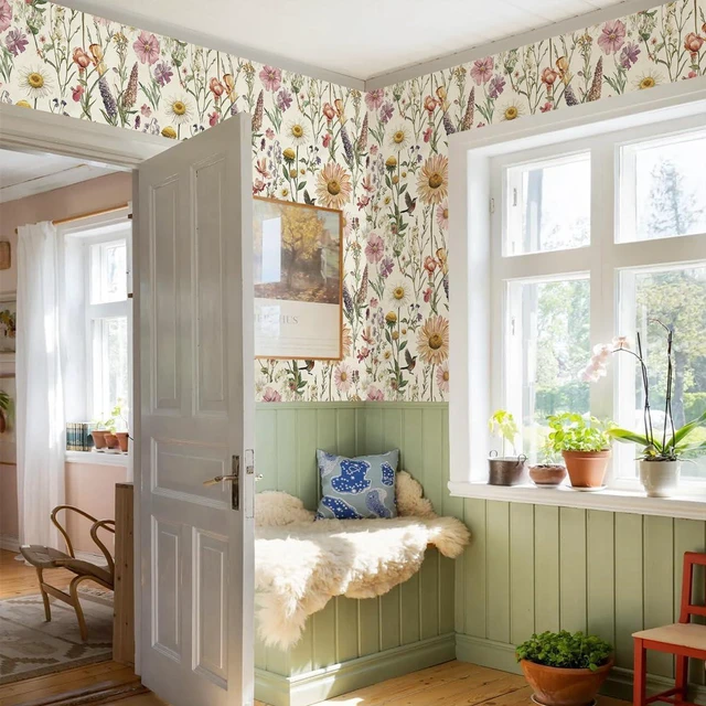 Alt view image 5 of 7 - Floral Peel and Stick Wallpaper for Bathroom 16.9inch x 590.5inch Floral Bird Contact Paper Vintage Flower Wallpaper Peel and Stick Self Adhesive Waterproof Flower Decorative Wall Paper Vinyl