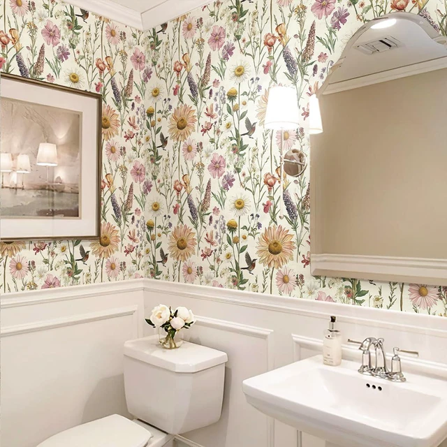 Alt view image 6 of 7 - Floral Peel and Stick Wallpaper for Bathroom 16.9inch x 590.5inch Floral Bird Contact Paper Vintage Flower Wallpaper Peel and Stick Self Adhesive Waterproof Flower Decorative Wall Paper Vinyl