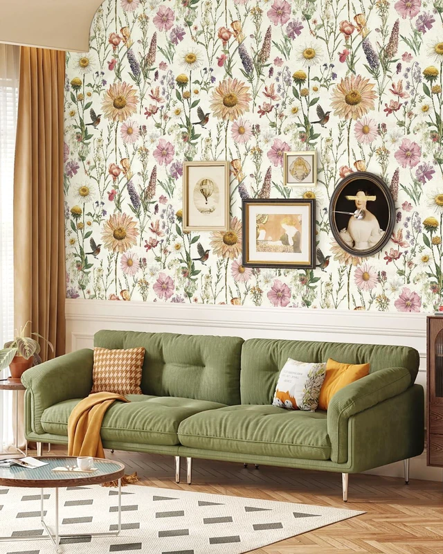 Alt view image 3 of 7 - Floral Peel and Stick Wallpaper for Bathroom 16.9inch x 590.5inch Floral Bird Contact Paper Vintage Flower Wallpaper Peel and Stick Self Adhesive Waterproof Flower Decorative Wall Paper Vinyl