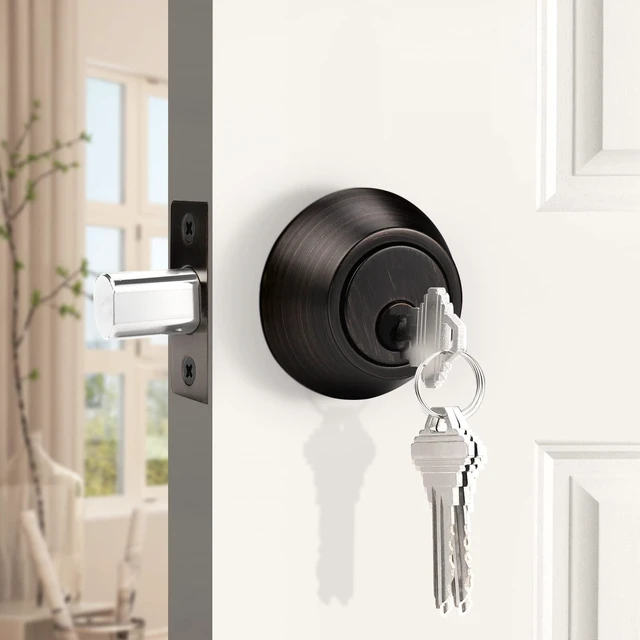 Alt view image 4 of 7 - Keyed Alike Single Cylinder Deadbolts Oil Rubbed Bronze(Combo Packs), One Side Keyed Deadbolts, Interior& Exterior Door Lock for Entrance Lock and Front Gate, 4 Pack