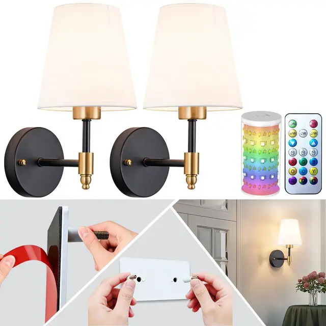 Main image of Peel and Stick Wall Sconces, Stick On Wall Sconce Set of 2, Battery Operated Wireless Adhesive Wall Lights, Corn Bulb with 10000mAh Battery, Easy Install for Bedroom Living Room Wall Decor