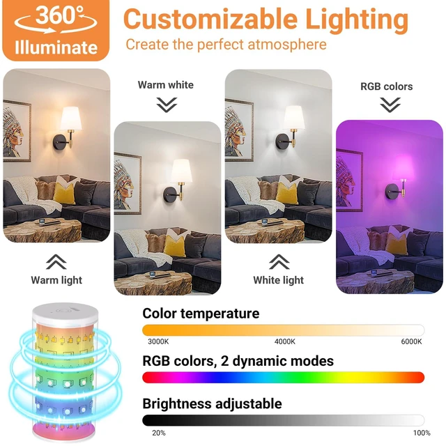 Alt view image 5 of 7 - Peel and Stick Wall Sconces, Stick On Wall Sconce Set of 2, Battery Operated Wireless Adhesive Wall Lights, Corn Bulb with 10000mAh Battery, Easy Install for Bedroom Living Room Wall Decor