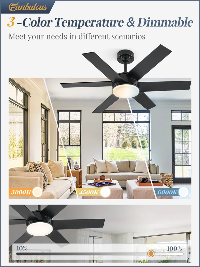 Alt view image 2 of 7 - 42" Outdoor Ceiling Fans with Lights, Dimmable 3CCT, Black with Remote, Reversible DC Motor, 6 Blades, 6 Speed, for Indoor, Outdoor, Patios