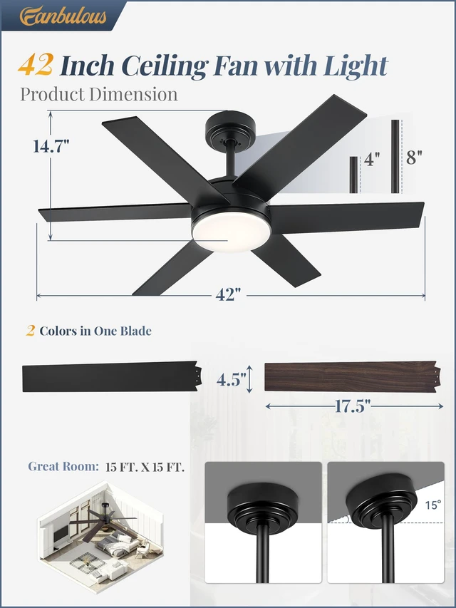 Alt view image 6 of 7 - 42" Outdoor Ceiling Fans with Lights, Dimmable 3CCT, Black with Remote, Reversible DC Motor, 6 Blades, 6 Speed, for Indoor, Outdoor, Patios