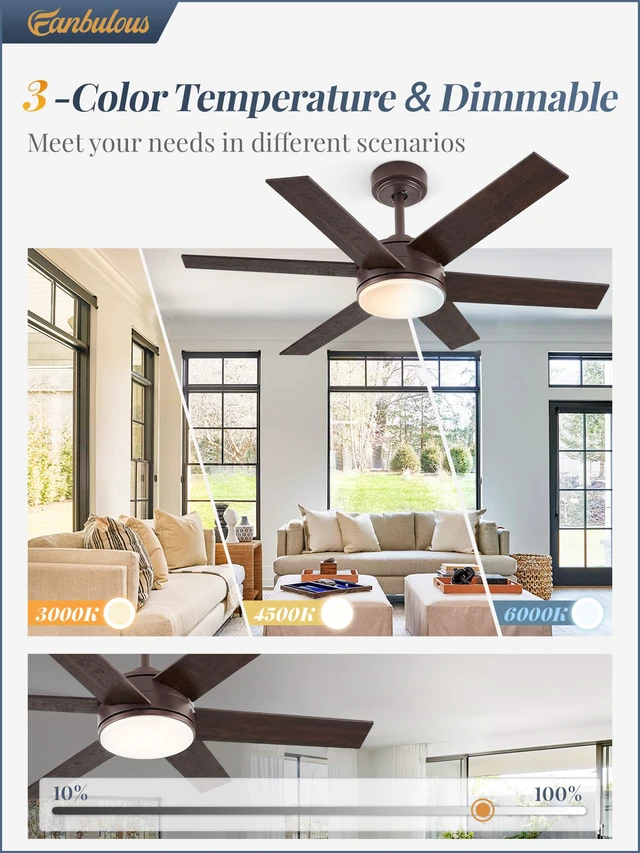 Alt view image 2 of 7 - 42" Outdoor Ceiling Fans with Lights, Dimmable 3CCT, Brown with Remote, Reversible DC Motor, 6 Blades, 6 Speed, for Indoor, Outdoor, Patios