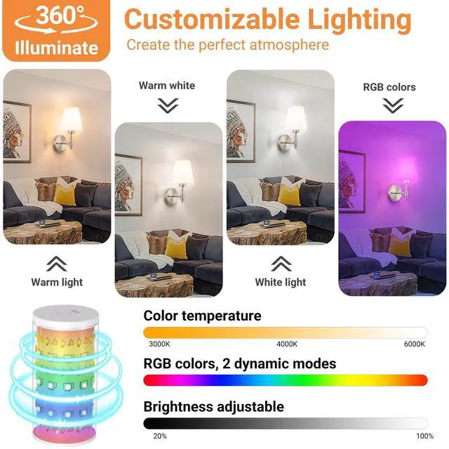 Alt view image 5 of 7 - Peel and Stick Wall Sconces, Stick On Wall Sconce Set of 2, Battery Operated Wireless Adhesive Wall Lights, Corn Bulb with 10000mAh Battery, Easy Install for Bedroom Living Room Wall Decor