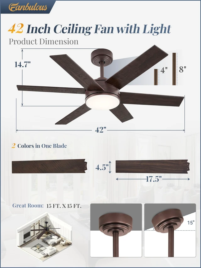 Alt view image 5 of 7 - 42" Outdoor Ceiling Fans with Lights, Dimmable 3CCT, Brown with Remote, Reversible DC Motor, 6 Blades, 6 Speed, for Indoor, Outdoor, Patios