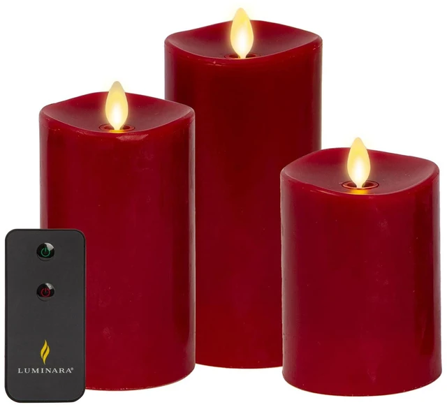 Main image of Flameless Flickering Melted Edge Set of 3 Candles, Battery Operated & Timer Function, Remote Included, Unscented Paraffin Burgundy Wax LED Light Pillar, Christmas Holiday Décor