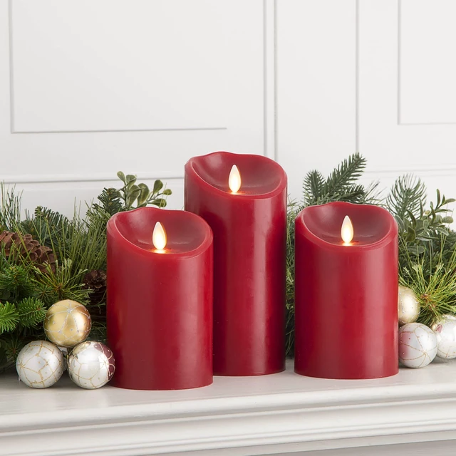 Alt view image 2 of 7 - Flameless Flickering Melted Edge Set of 3 Candles, Battery Operated & Timer Function, Remote Included, Unscented Paraffin Burgundy Wax LED Light Pillar, Christmas Holiday Décor
