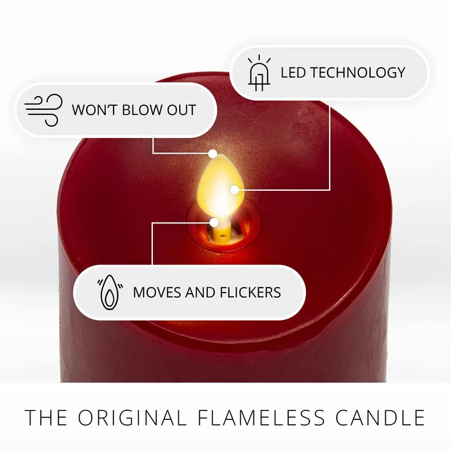 Alt view image 3 of 7 - Flameless Flickering Melted Edge Set of 3 Candles, Battery Operated & Timer Function, Remote Included, Unscented Paraffin Burgundy Wax LED Light Pillar, Christmas Holiday Décor