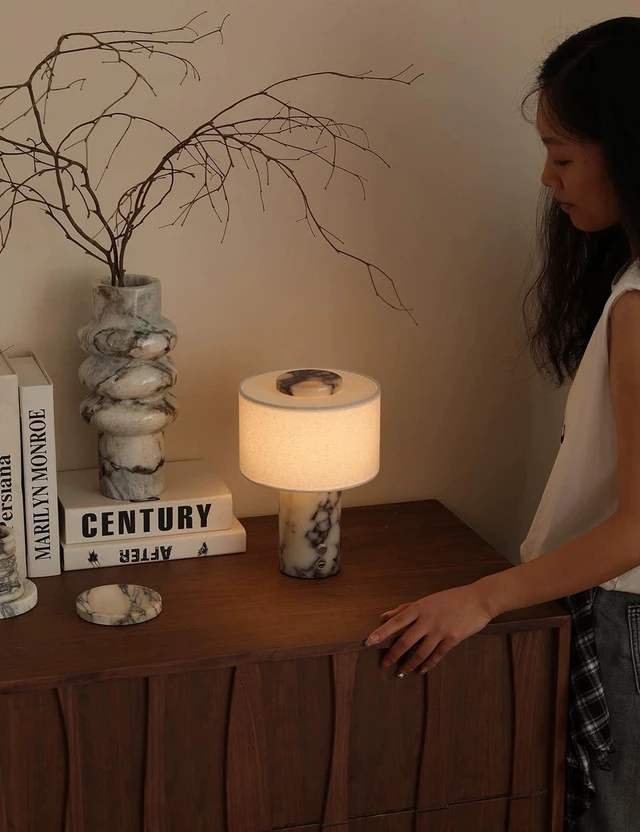 Alt view image 6 of 7 - Marble Lamp, 10 Inch Natural Stone Modern Luxury Decor Lamp Plug-In 110V Luxury 10'' Decorative Table Lamp, Calacatta Viola Stone for Entryway, Console Kitchen Counter