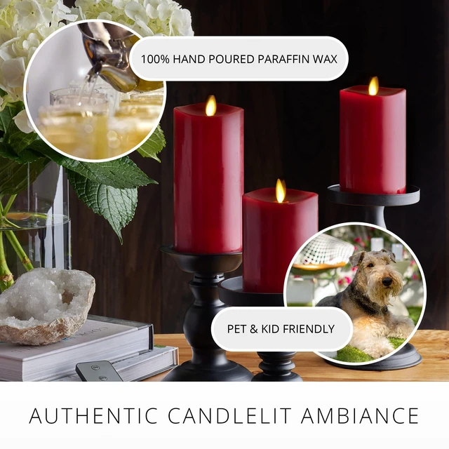 Alt view image 5 of 7 - Flameless Flickering Melted Edge Set of 3 Candles, Battery Operated & Timer Function, Remote Included, Unscented Paraffin Burgundy Wax LED Light Pillar, Christmas Holiday Décor