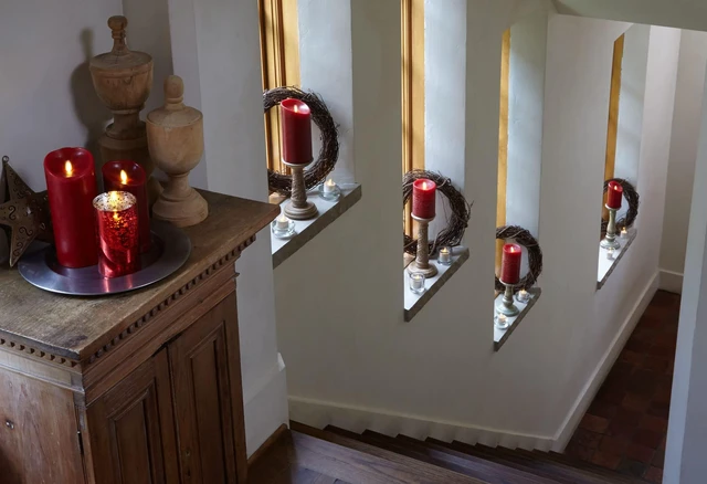 Alt view image 7 of 7 - Flameless Flickering Melted Edge Set of 3 Candles, Battery Operated & Timer Function, Remote Included, Unscented Paraffin Burgundy Wax LED Light Pillar, Christmas Holiday Décor