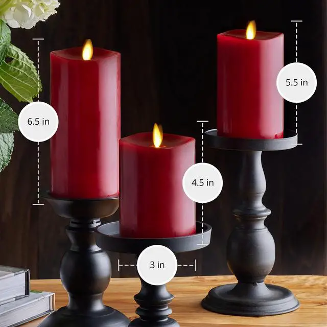 Alt view image 6 of 7 - Flameless Flickering Melted Edge Set of 3 Candles, Battery Operated & Timer Function, Remote Included, Unscented Paraffin Burgundy Wax LED Light Pillar, Christmas Holiday Décor