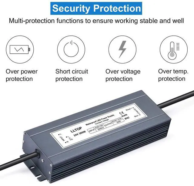 Alt view image 2 of 7 - 24V DC LED Driver Waterproof IP67 Power Supply 300W 12.5A AC100-264V Input, Ultra Thin, Aluminum Case, LED Low Voltage Transformer, For Indoor Outdoor LED Lights