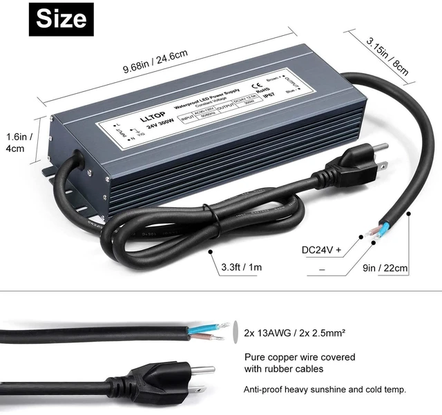 Alt view image 3 of 7 - 24V DC LED Driver Waterproof IP67 Power Supply 300W 12.5A AC100-264V Input, Ultra Thin, Aluminum Case, LED Low Voltage Transformer, For Indoor Outdoor LED Lights