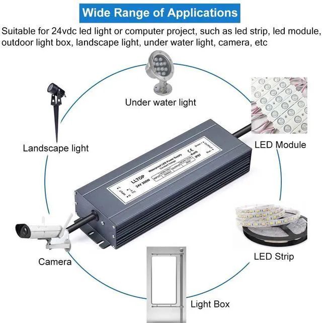 Alt view image 6 of 7 - 24V DC LED Driver Waterproof IP67 Power Supply 300W 12.5A AC100-264V Input, Ultra Thin, Aluminum Case, LED Low Voltage Transformer, For Indoor Outdoor LED Lights