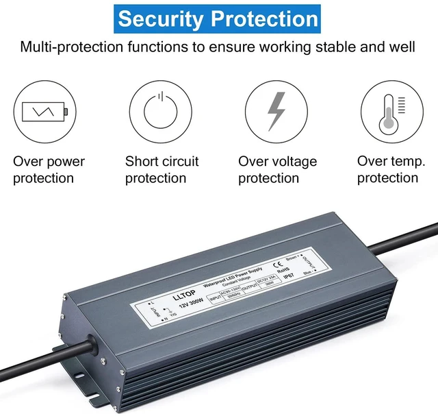 Alt view image 2 of 7 - 12V DC LED Driver Waterproof IP67 Power Supply 300W 25A AC100-264V Input, Ultra Thin, Aluminum Case, LED Low Voltage Transformer, For Indoor Outdoor LED Lights