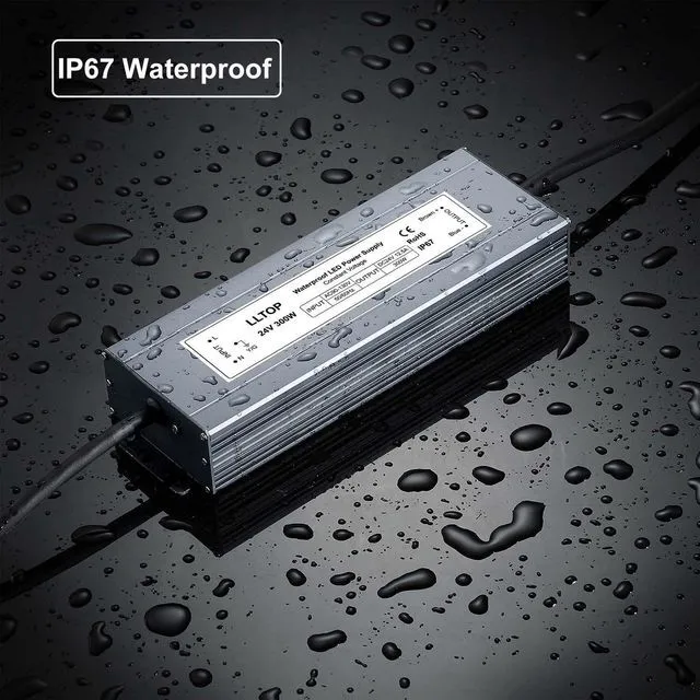 Alt view image 7 of 7 - 24V DC LED Driver Waterproof IP67 Power Supply 300W 12.5A AC100-264V Input, Ultra Thin, Aluminum Case, LED Low Voltage Transformer, For Indoor Outdoor LED Lights