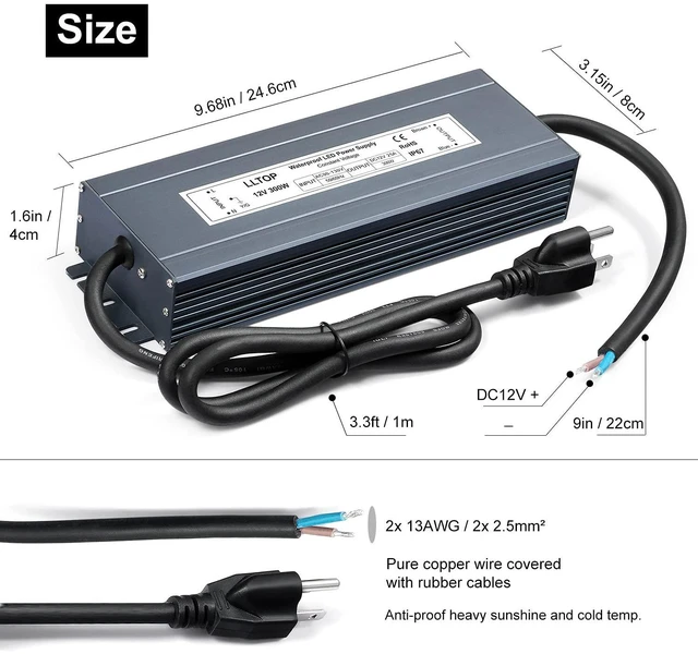 Alt view image 3 of 7 - 12V DC LED Driver Waterproof IP67 Power Supply 300W 25A AC100-264V Input, Ultra Thin, Aluminum Case, LED Low Voltage Transformer, For Indoor Outdoor LED Lights