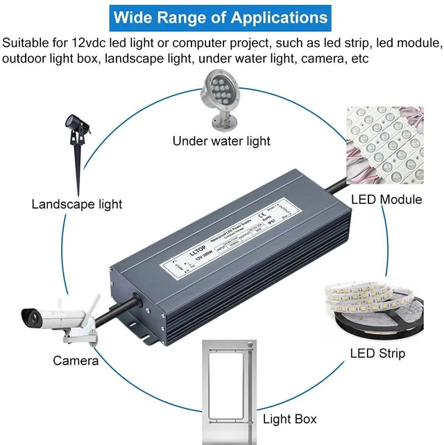 Alt view image 6 of 7 - 12V DC LED Driver Waterproof IP67 Power Supply 300W 25A AC100-264V Input, Ultra Thin, Aluminum Case, LED Low Voltage Transformer, For Indoor Outdoor LED Lights