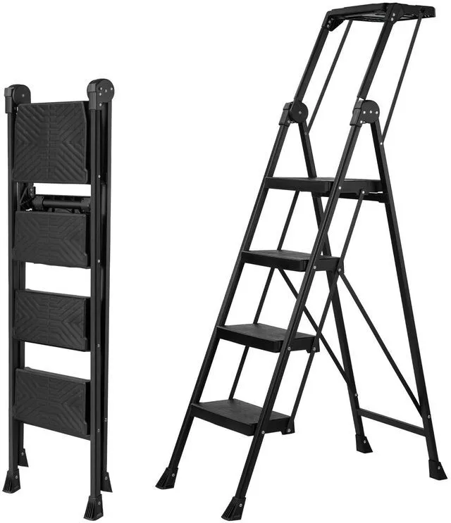 Main image of 4 Step Ladder, Heavy Duty Steel with Foldable Handrail & Tool Tray 660lbs Capacity Wide Anti-Slip Pedals 3.74" Compact Storage For Home, Kitchen, Closet, Garage, Ceiling & Library