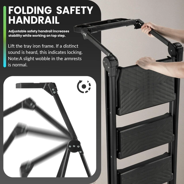 Alt view image 2 of 7 - 4 Step Ladder, Heavy Duty Steel with Foldable Handrail & Tool Tray 660lbs Capacity Wide Anti-Slip Pedals 3.74" Compact Storage For Home, Kitchen, Closet, Garage, Ceiling & Library