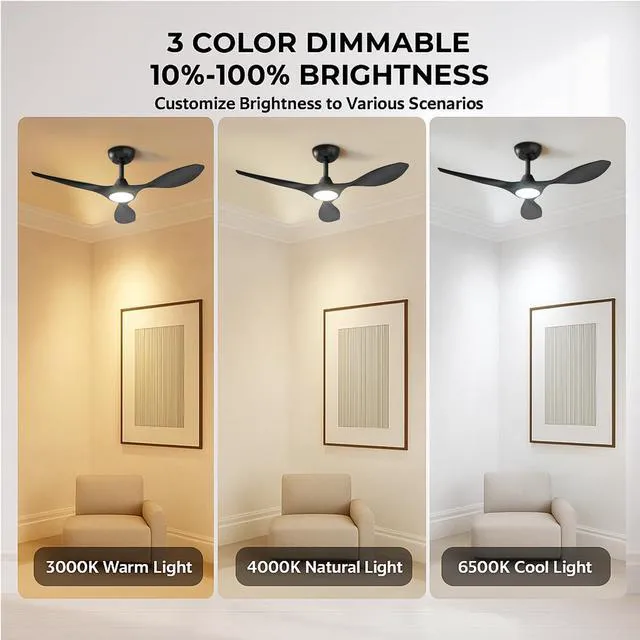Alt view image 4 of 7 - 42'' Modern Ceiling Fan with Light, Wide Blade Design, Remote DC Motor,Reversible,Color Adjustable,Dimmable,Led Light,6 Speeds,3 Timers,Modern,Plastic,Bedrooms, Living rooms,Indoor