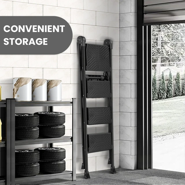 Alt view image 5 of 7 - 4 Step Ladder, Heavy Duty Steel with Foldable Handrail & Tool Tray 660lbs Capacity Wide Anti-Slip Pedals 3.74" Compact Storage For Home, Kitchen, Closet, Garage, Ceiling & Library