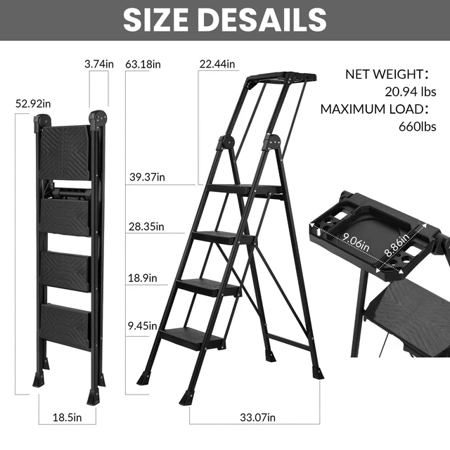 Alt view image 7 of 7 - 4 Step Ladder, Heavy Duty Steel with Foldable Handrail & Tool Tray 660lbs Capacity Wide Anti-Slip Pedals 3.74" Compact Storage For Home, Kitchen, Closet, Garage, Ceiling & Library