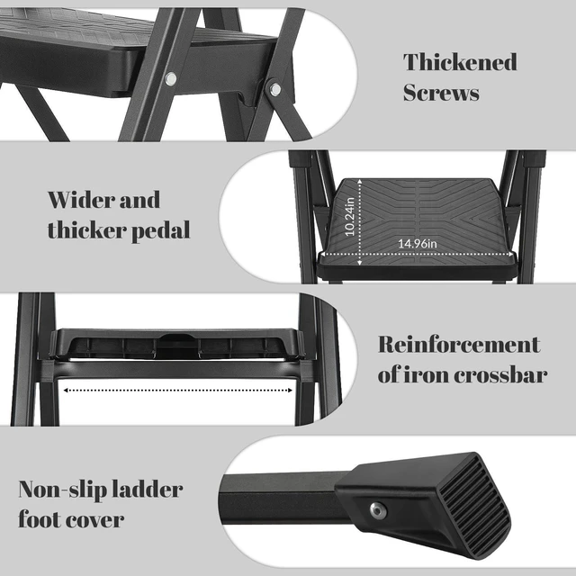 Alt view image 6 of 7 - 4 Step Ladder, Heavy Duty Steel with Foldable Handrail & Tool Tray 660lbs Capacity Wide Anti-Slip Pedals 3.74" Compact Storage For Home, Kitchen, Closet, Garage, Ceiling & Library