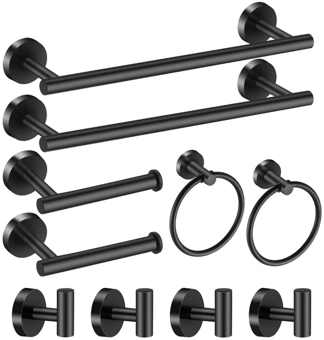 Main image of Bathroom Hardware Set Matte Black, 10 Pieces Bathroom Accessories Set Includes Includes 2 Packs 24 Inch Towel Bar, Towel Ring, Toilet Holder and 4 Packs Towel Hooks
