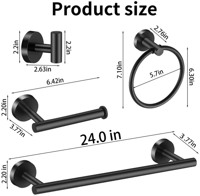 Alt view image 2 of 7 - Bathroom Hardware Set Matte Black, 10 Pieces Bathroom Accessories Set Includes Includes 2 Packs 24 Inch Towel Bar, Towel Ring, Toilet Holder and 4 Packs Towel Hooks