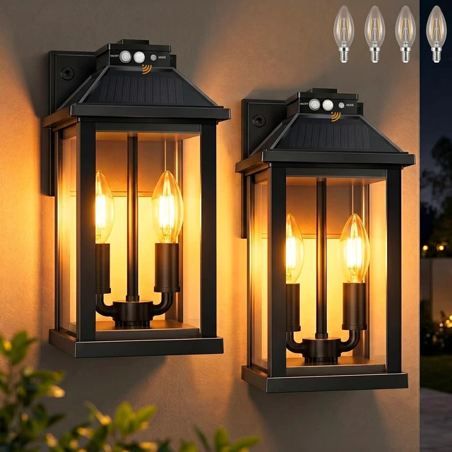 Main image of Solar Lights Outdoor Waterproof, 3 Modes Porch Lights, Motion Sensor Outside Light for House, Outdoor Wall Lights Lantern, Exterior Lighting Fixtures for Garden Patio Fence Yard Garage, 2Pack