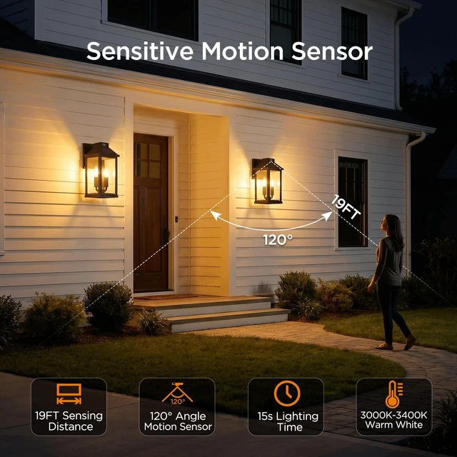 Alt view image 2 of 7 - Solar Lights Outdoor Waterproof, 3 Modes Porch Lights, Motion Sensor Outside Light for House, Outdoor Wall Lights Lantern, Exterior Lighting Fixtures for Garden Patio Fence Yard Garage, 2Pack