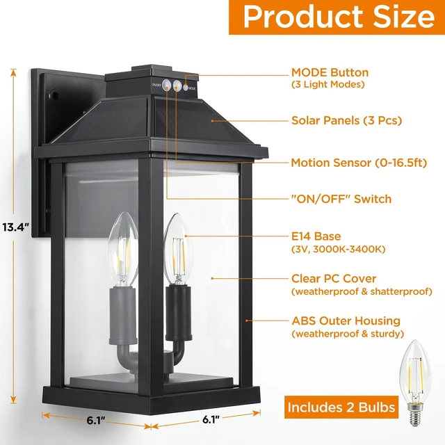 Alt view image 4 of 7 - Solar Lights Outdoor Waterproof, 3 Modes Porch Lights, Motion Sensor Outside Light for House, Outdoor Wall Lights Lantern, Exterior Lighting Fixtures for Garden Patio Fence Yard Garage, 2Pack