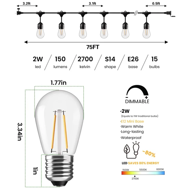 Alt view image 2 of 7 - 75 FT Outdoor String Lights 2W S14 LED Commercial Grade Waterproof Patio Light for Outside, Antique Edison Bulbs, IP65 Hanging Bistro Cafe Market Lighting, ETL-Listed Dimmable Warm White
