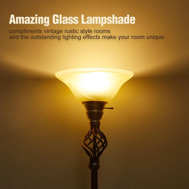Alt view image 2 of 7 - Torchiere Floor Lamp for Living Room, LED Standing Reading Light Yellow Glass Lampshade, 72" Vintage Tall Lamps for Corner Bedroom Home Office, Bulbs Included