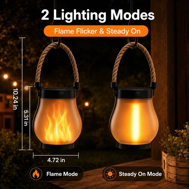 Alt view image 3 of 7 - Solar Lanterns Outdoor Waterproof 6-Pack, 2nd Gen Flickering Flame Effect Rechargeable Lanterns with USB-C charging, A Decorative Hanging Design, and Dusk-to-dawn Use for Patios, Porches and Gardens
