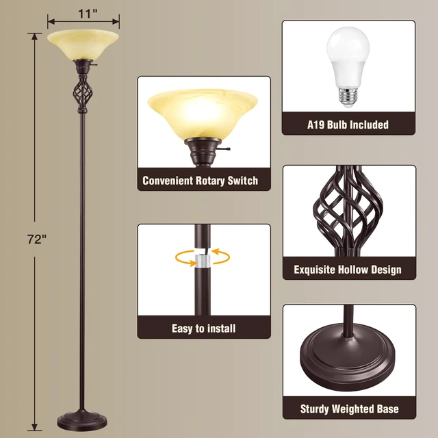 Alt view image 3 of 7 - Torchiere Floor Lamp for Living Room, LED Standing Reading Light Yellow Glass Lampshade, 72" Vintage Tall Lamps for Corner Bedroom Home Office, Bulbs Included