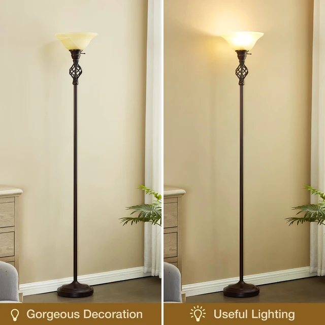 Alt view image 6 of 7 - Torchiere Floor Lamp for Living Room, LED Standing Reading Light Yellow Glass Lampshade, 72" Vintage Tall Lamps for Corner Bedroom Home Office, Bulbs Included