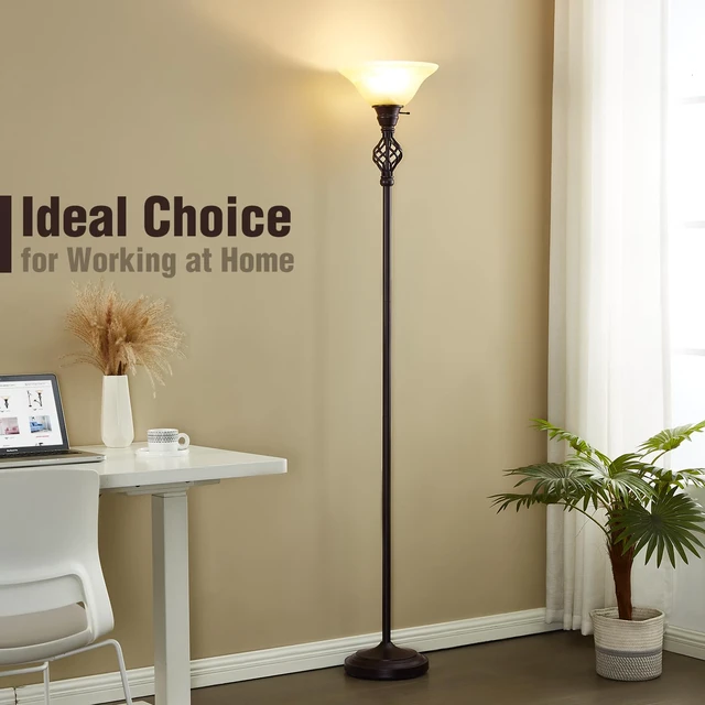 Alt view image 7 of 7 - Torchiere Floor Lamp for Living Room, LED Standing Reading Light Yellow Glass Lampshade, 72" Vintage Tall Lamps for Corner Bedroom Home Office, Bulbs Included