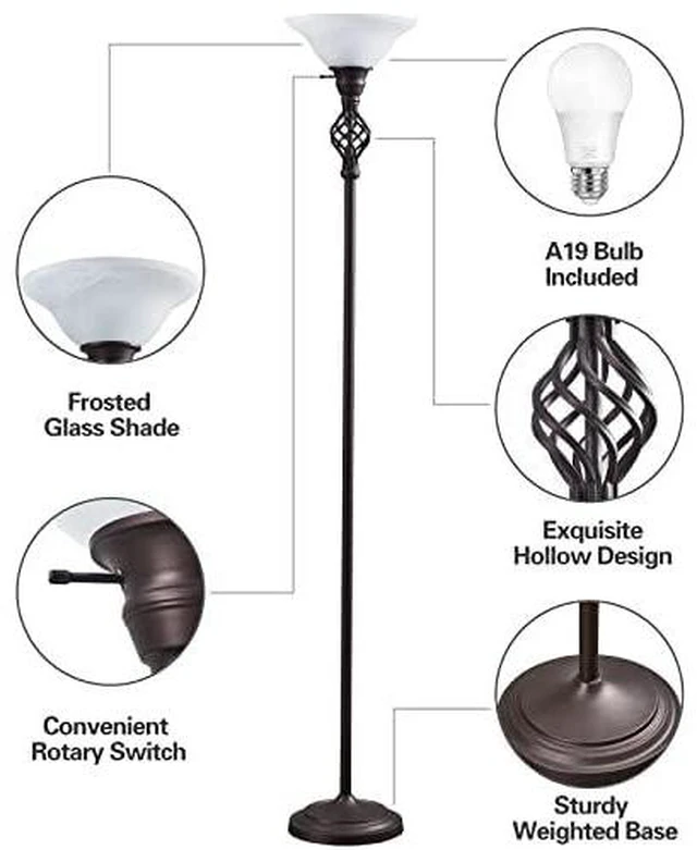 Alt view image 3 of 7 - Torchiere Floor Lamp for Living Room, LED Standing Reading Light Glass Lampshade,72" Vintage Tall Lamps for Bedroom Corner Home Office, Bulbs Included