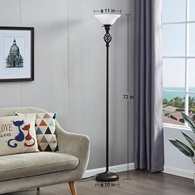 Alt view image 4 of 7 - Torchiere Floor Lamp for Living Room, LED Standing Reading Light Glass Lampshade,72" Vintage Tall Lamps for Bedroom Corner Home Office, Bulbs Included