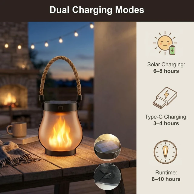 Alt view image 7 of 7 - Solar Lanterns Outdoor Waterproof 6-Pack, 2nd Gen Flickering Flame Effect Rechargeable Lanterns with USB-C charging, A Decorative Hanging Design, and Dusk-to-dawn Use for Patios, Porches and Gardens
