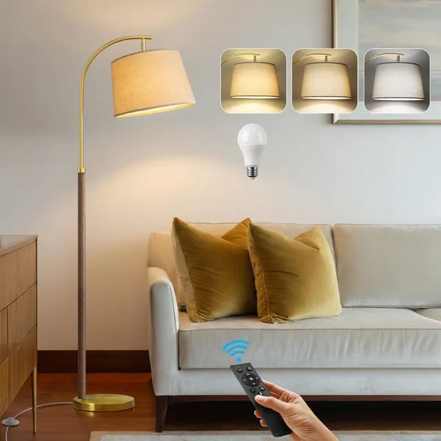 Main image of Real Wood Floor Lamps for Living Room Bedroom, 62" Mid Century Modern Lamp Dimmable Remote 3 Color Temperature, 9W Bulb Included, Foot Switch, Chestnut Mcm Arc Standing Tall Lamps for Nursery Reading