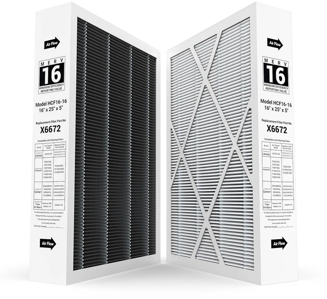 Main image of 2-pack 6672 16X25X5 MERV 16 Filter Compatible with Lennox 16X25X5 and Lennox HCC16-28 Healthy Climate Carbon Clean MERV 16 Home Furnace Filter for HVAC System, Part # HCF16-16, HCF16-10