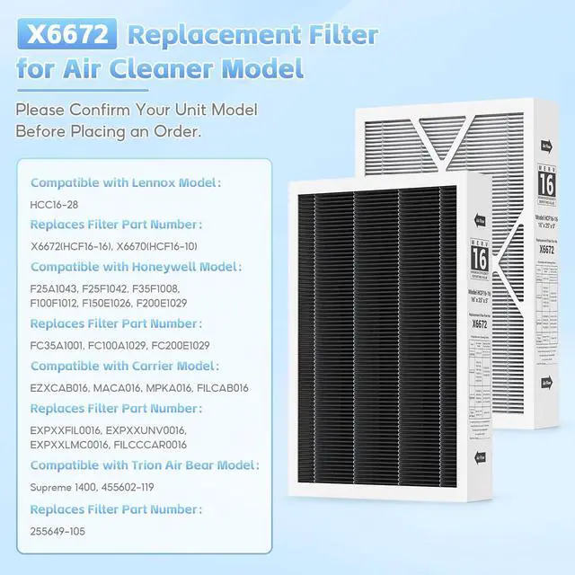 Alt view image 2 of 7 - 2-pack 6672 16X25X5 MERV 16 Filter Compatible with Lennox 16X25X5 and Lennox HCC16-28 Healthy Climate Carbon Clean MERV 16 Home Furnace Filter for HVAC System, Part # HCF16-16, HCF16-10